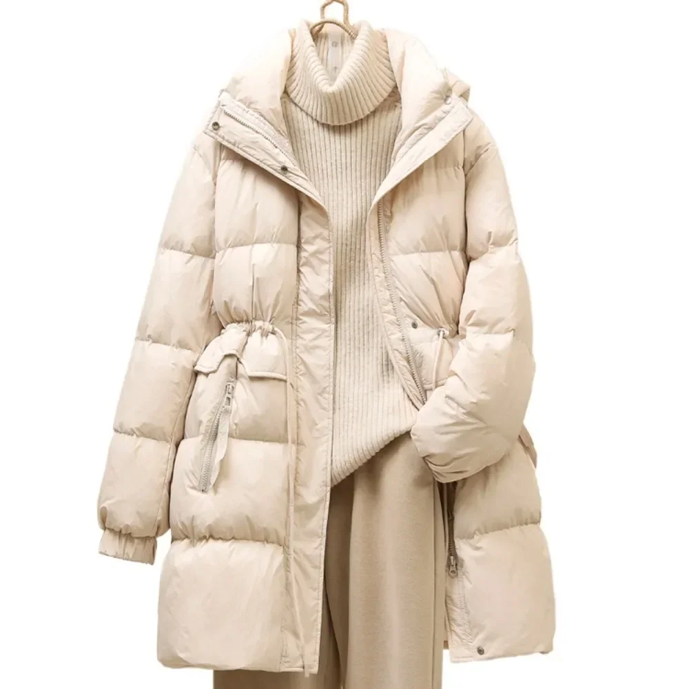 2024 New Winter White Duck Down Jacket Women Puffer Jacket Women Hooded Mid-length Thickened Waist Drawstring Slim Down Coat