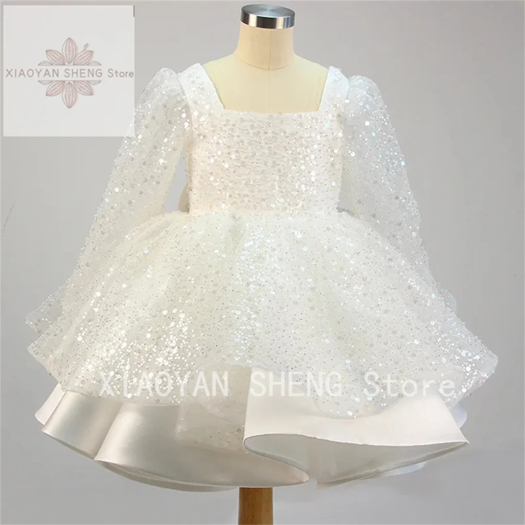 

Kids Sequins Wedding Flower Girl Dresses Satin Bow Full Sleeves Knee Length Party Ball Gown Ruffles Tulle Pageant Performance