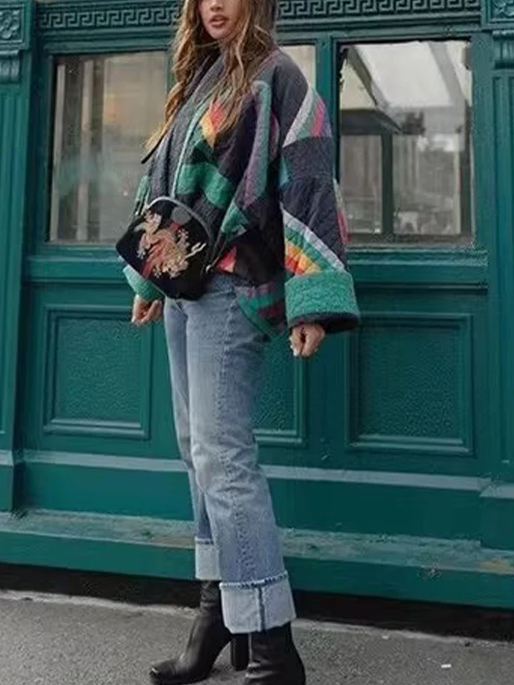 

European and American style women's fashion street style retro color-blocked print open front large lapel loose cotton coat