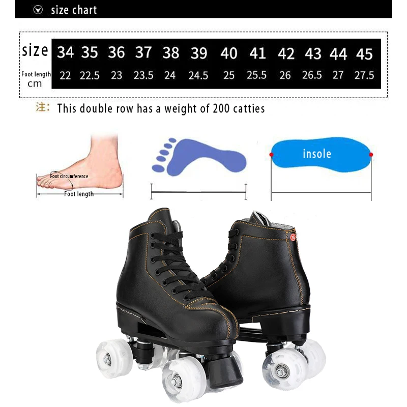 Unisex Black PU Leather Roller Skates Skate Sliding Inline Skates Sneakers Training Euro Size 4 Wheel Flash Wheels