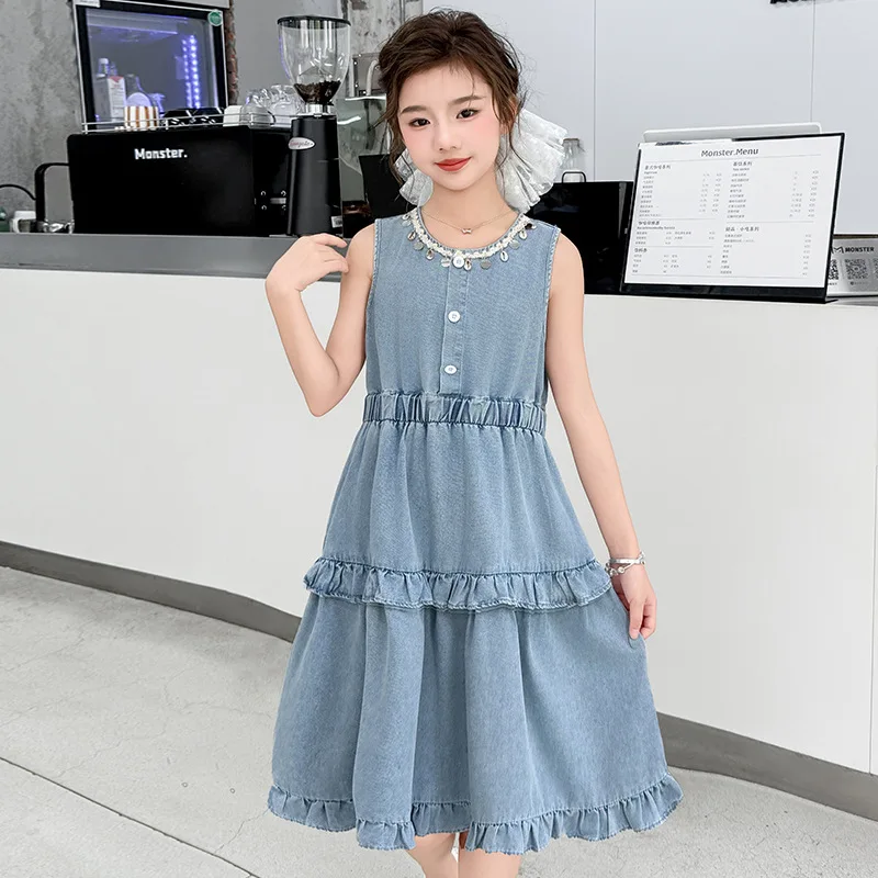 Girls Sleeveless Dress Summer Thin Medium and Older Children's Lotus Leaf Edge Denim Skirt Han Fan Sweet Girl Vest Skirt