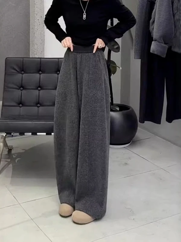 

Широкие шерстяные брюки для женщин больших размеров на зиму, с начесом, на резинке, прямого кроя