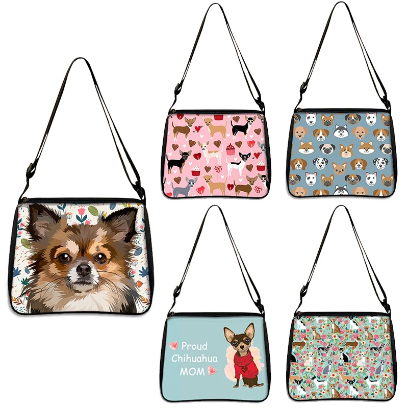 Kawaii Pets Dog Chihuahua Pattern Shoulder Bag Chihuahua Mom Women Underarm Bags Canvas For Travel Casual Messenger Bag Gift