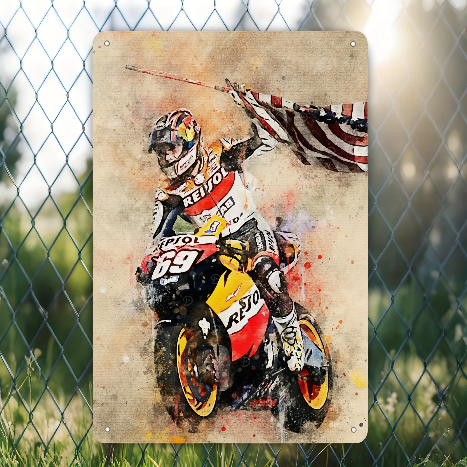 Nicky Hayden Motorcycle Racing Tin Sign - Watercolor Art with American Flag, Durable Iron Metal Wall Decor for Kitchen, Bedroo