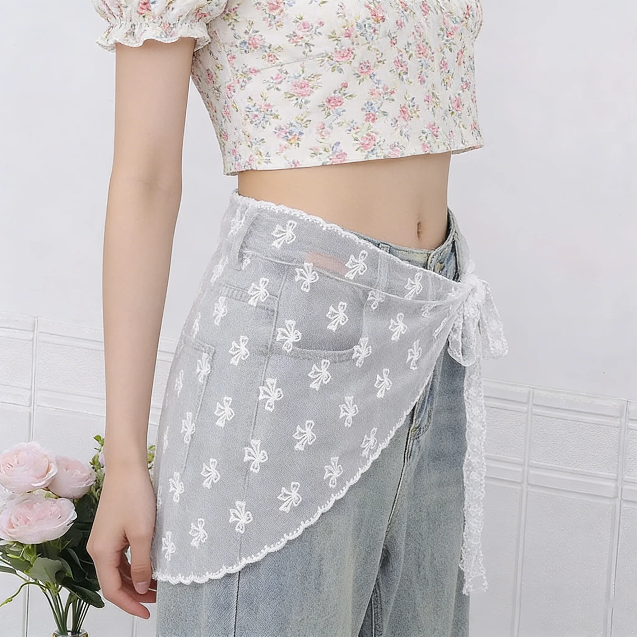 New Bowknot Floral White Mesh Lace Irregular Skirt Curtain Half Body Skirt Bottom Pants Jeans Hem Women's Triangular Headscarf