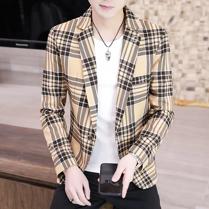 

Men's Casual Plaid Slim Fit Suit Sli Korean Version Single Button Jaet Urban Faion Autumn Long Sve Stand Sle