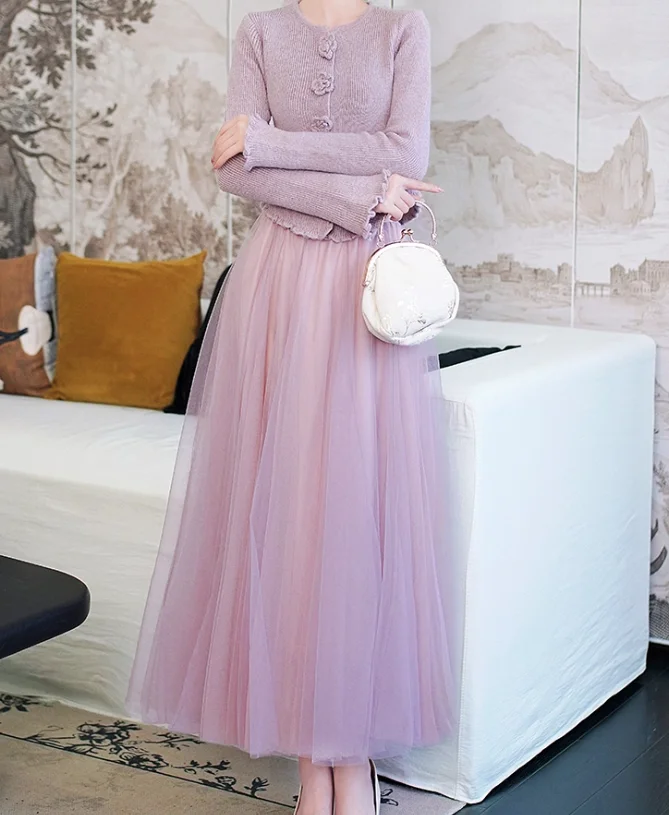 Французский романтический фиолетовый трехмерный вязаный топ с длинными рукавами и цветочным принтом, осенняя модная газовая универсальная юбка с высокой талией для девочек