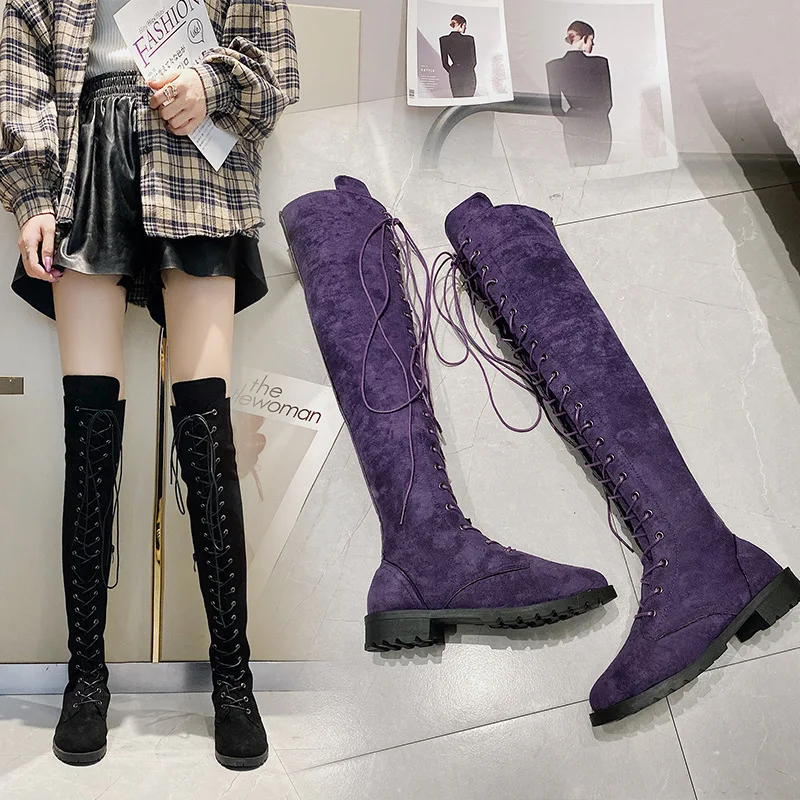 Casual Women\'s Boots Low Heels Flock Winter Over Knee Boots for Woman 2021 Lace Up Fashion Female Thigh High Boots