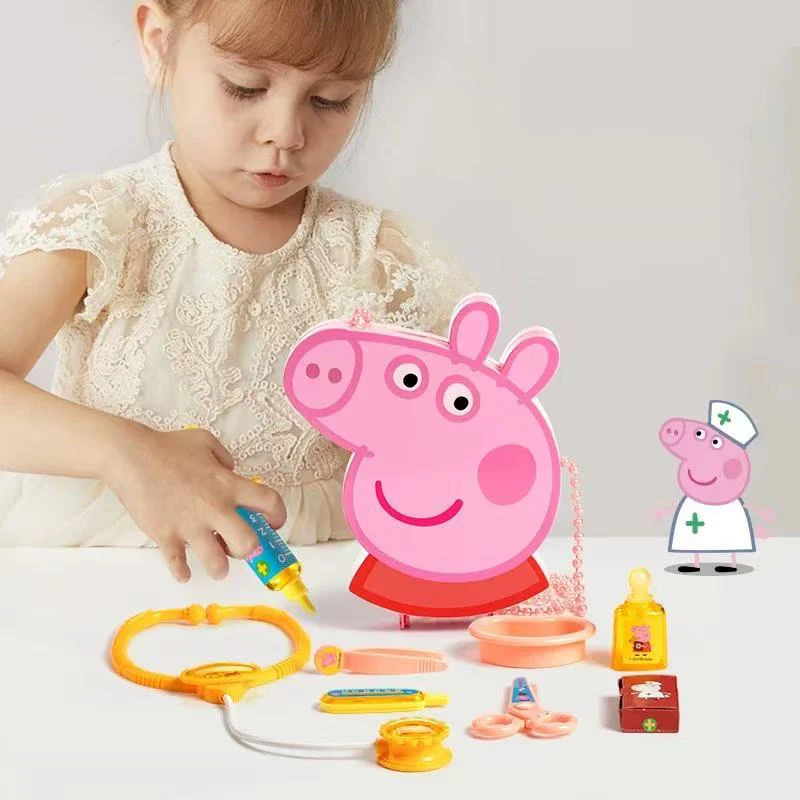 مجموعة الطبيب الصغير الأصلية لمحاكاة Peppa Pig للأطفال الذين يذهبون إلى المنزل من الذكور والإناث لعبة حقن الممرضة وسماعة الطبيب هدية