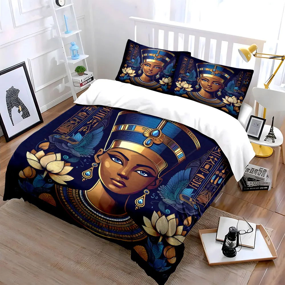 Egyptian Queen with Regal Attire and Lotus Print Bedding Set 1 Duvet Cover 2 Pillowcases for Adult and Children Luxury Gift
