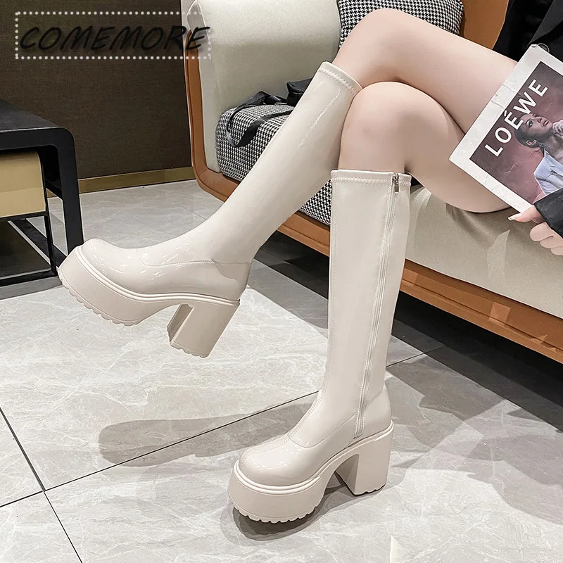 Woman's Knee-high Boots Chunky Heel Platform Patent Leather Winter Boots Round Toe Rear Zipper Fashion Versatile Black Knight PU