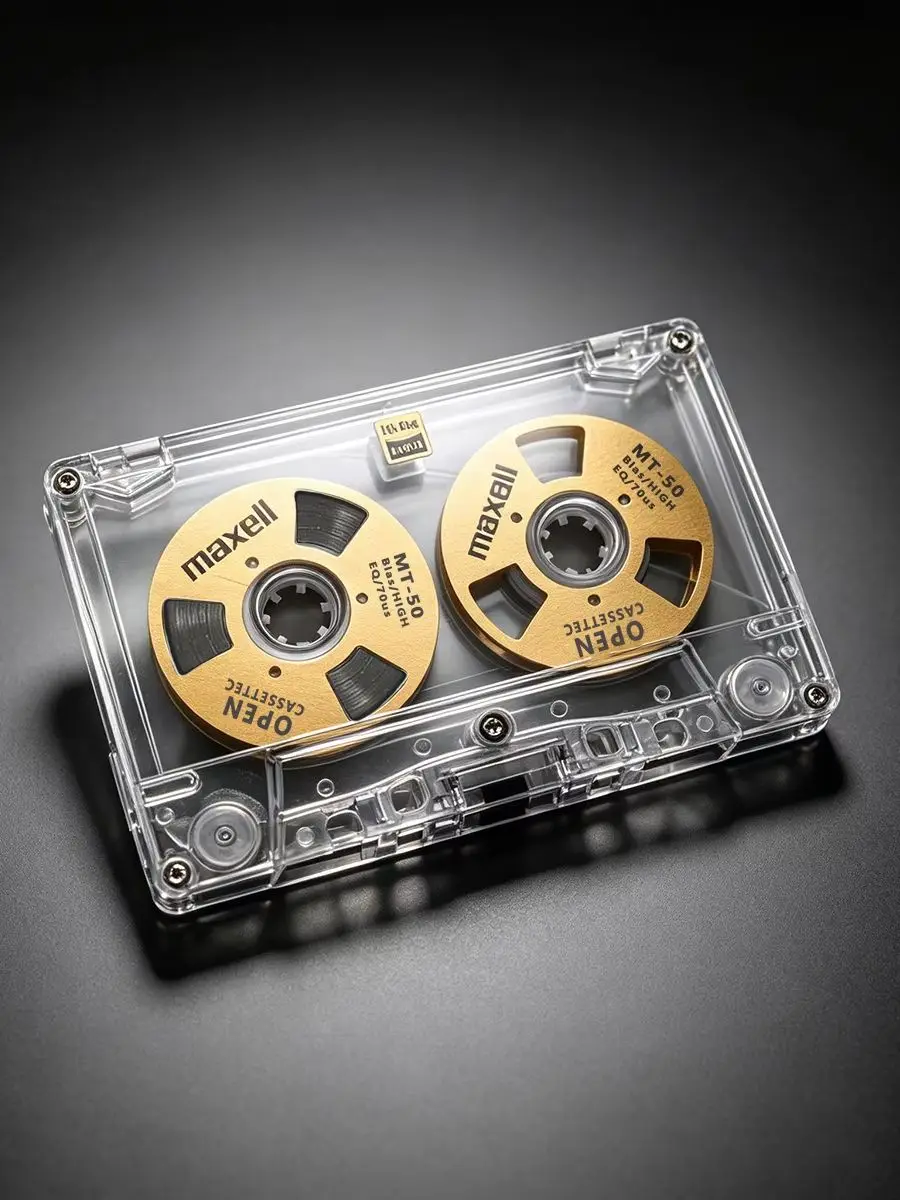 Do kasety Maxell C50 w stylu retro, pustej, dwustronnej, otwartej, z metalowymi rolkami, do nagrywania dźwięku. — 2