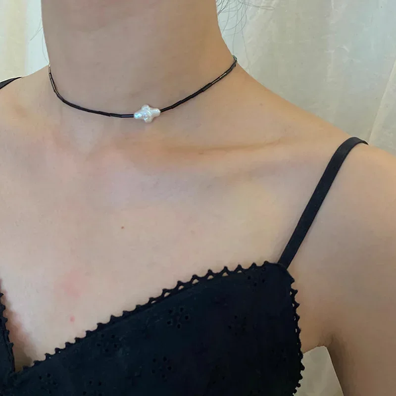 Natuurlijke Zwarte Agaat Ronde Buis Kralen Ketting Voor Vrouwen Harten Diamanten Kruisen Zoet Water Barok Parel Choker Op De Hals