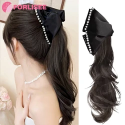 FORLISEE  Synthetic Butterfly Ponytail Wig Female Layered Wave Curl Claw Clip High Ponytail Retro Pearl Wig Braid