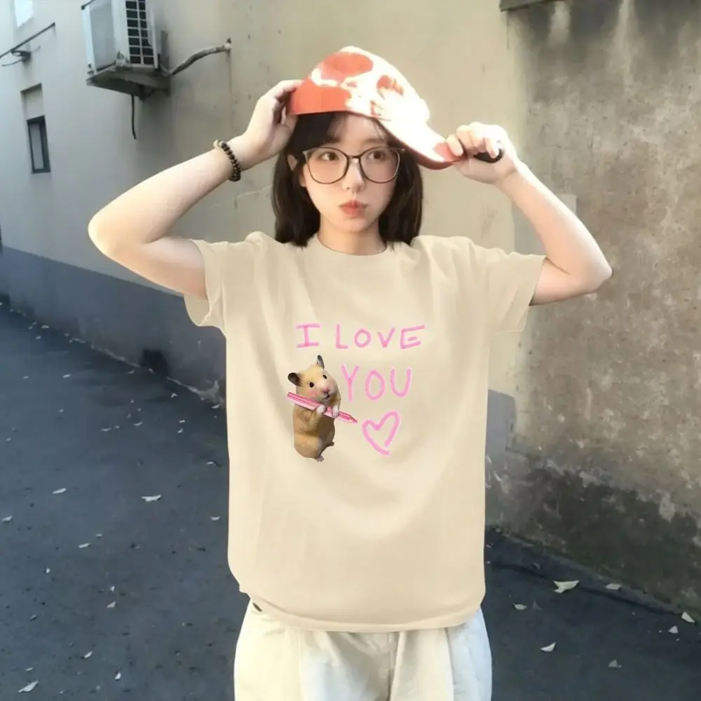 Cute Hamster Holding Pencil I Love You Graphic T-Shirt Women Summer Vintage Short Sleeve Pink Letter Print Y2k Street Daily Wear