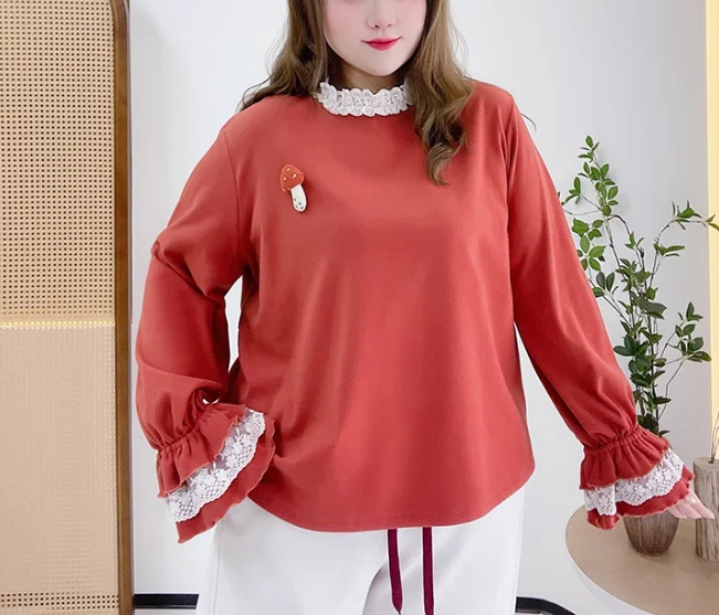 ربيع الخريف حجم كبير المرأة لطيف لوليتا قاع قميص الحلو الدانتيل طاقم الرقبة فضفاضة تنوعا تخفيض العمر بأكمام طويلة #4