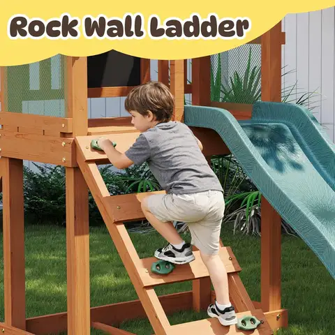 Wood Swing Sets for Backyard - Playground Sets for Backyards, Outdoor Playset with Wave Slide, Play Deck, Rock Wall Ladder