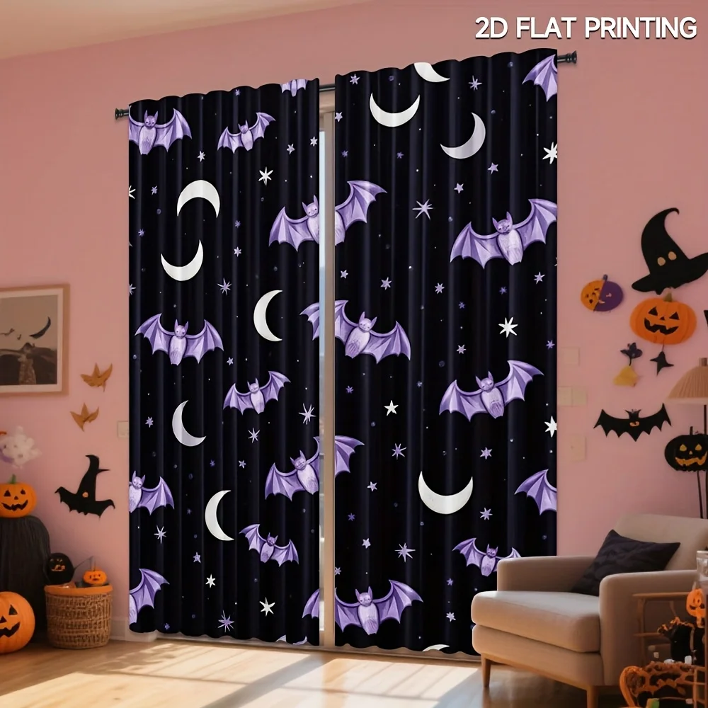 2PCS Digital Print Curtains, Halloween Themed Bat, Halloween Decor