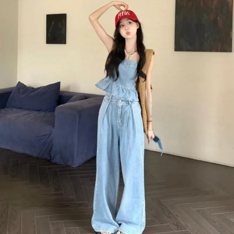 Cotton Denim Pants Suits For Women Loose Fahion Office Lady Style Sexy Backless Camisole Vest Tops High Waist Wide Leg Pants Set