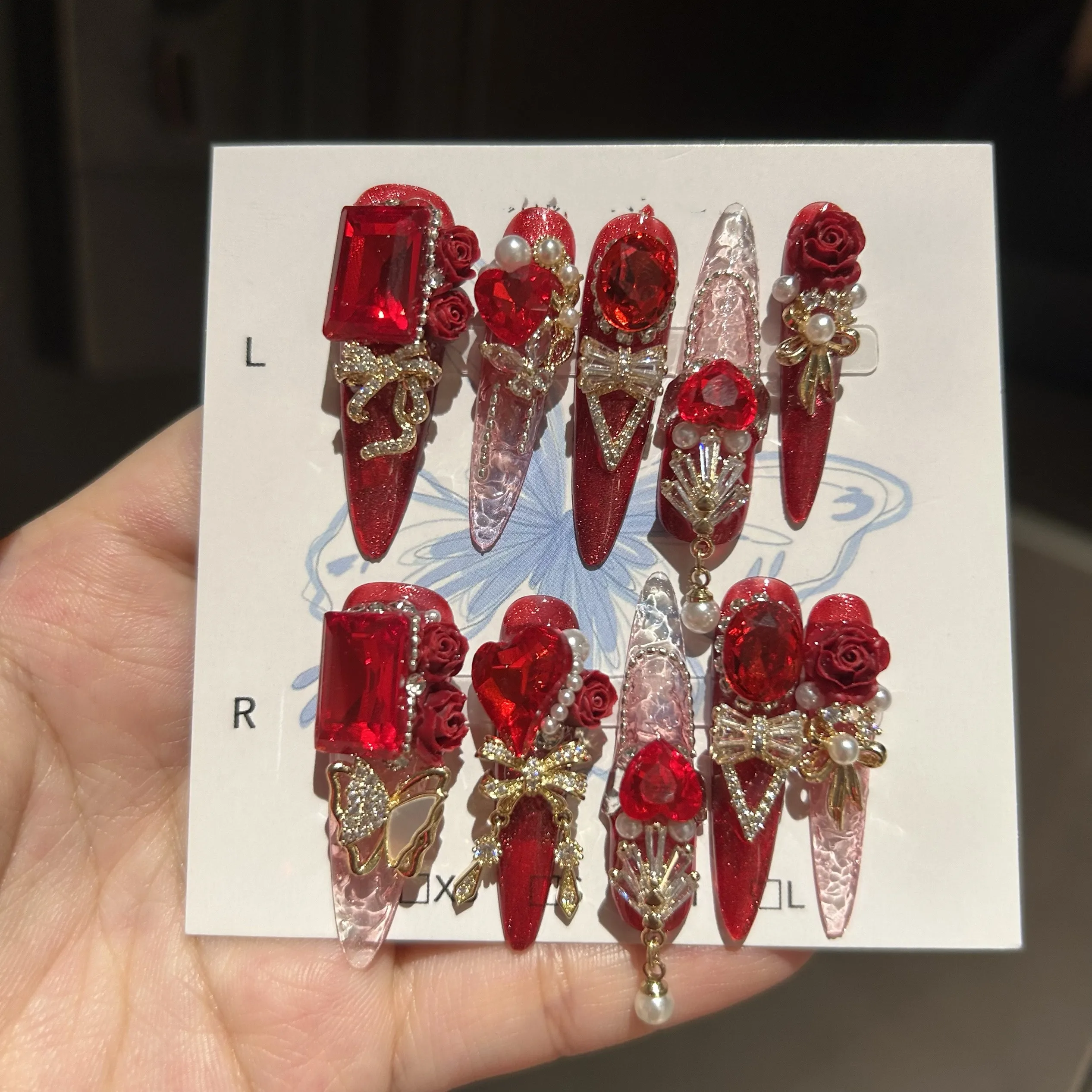 Handmad 10 pcs luxury high-ending red rose flower love stone reuseable wedding party artificial nail tips false nails fake nails