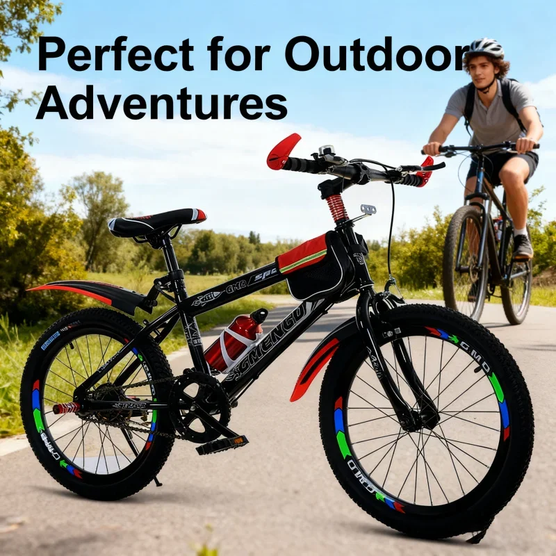 Bicicleta de marcha única para niños, bicicleta de montaña negra y roja de 20 pulgadas y 22 pulgadas con bolsa para bicicleta, Elementa para niños de 6-7-8-9-10 años