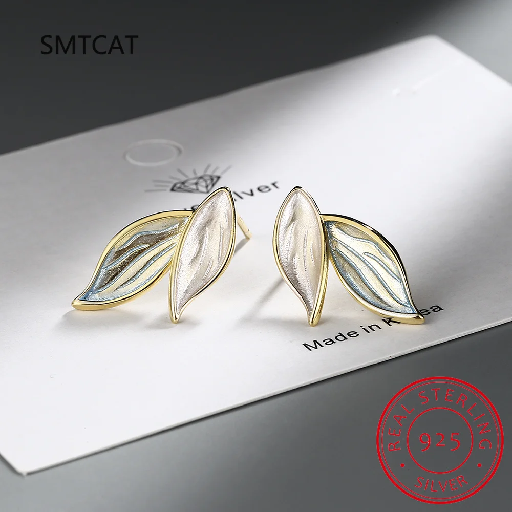 Real 925 Sterling Silver Fashion Sweet Plant Leaves Charm Stud Earrings For Women Wedding Party Fine Jewelry DA2326