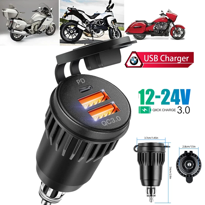 Motorcycle Car USB Charger QC3.0 PD Type C USB Socket for 12V/24V Vehicles Boat Motorcycle SUV Bus Truck Caravan