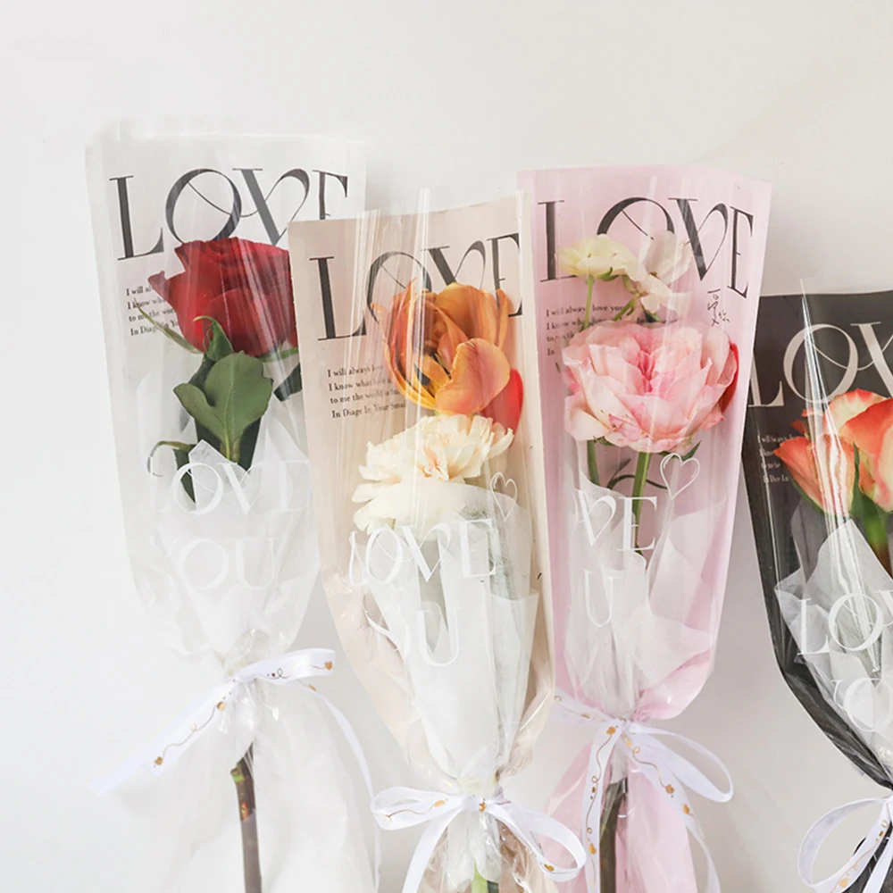 20pcs/bag Single Rose Sleeves One Straight Bag Rose Packaging Bag Floral Wrappers Bouquet Wrapping Paper Gift Love Packaging Bag