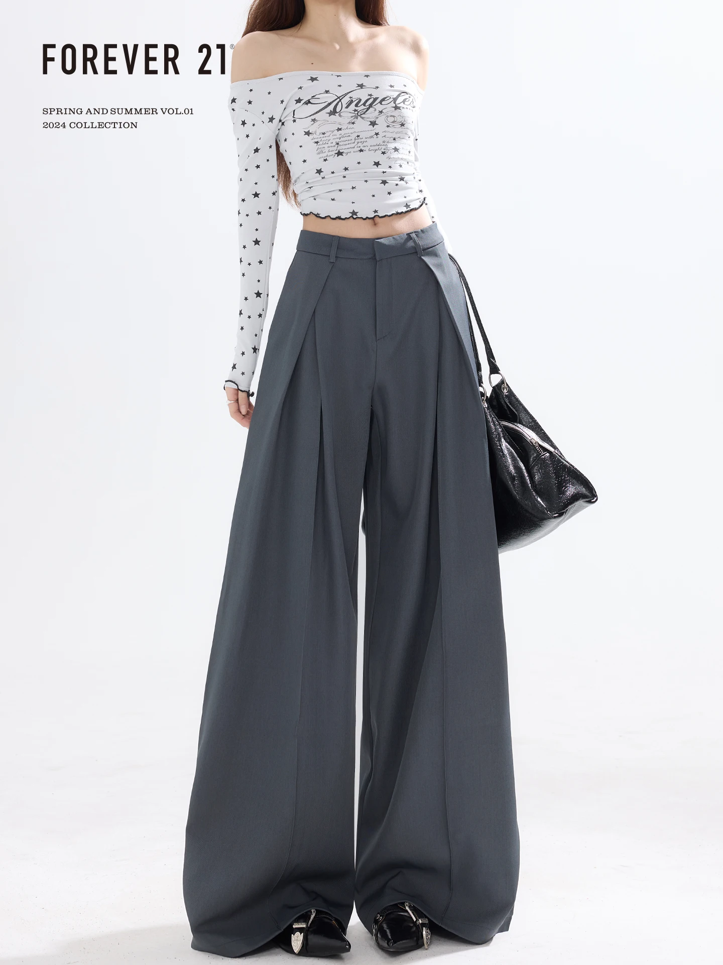 Forever 21 Casual Gray Wide Leg Pants Women's High Waist Pleated Drape Straight Suit Pants Comfortable Loose Fit Casual Trousers
