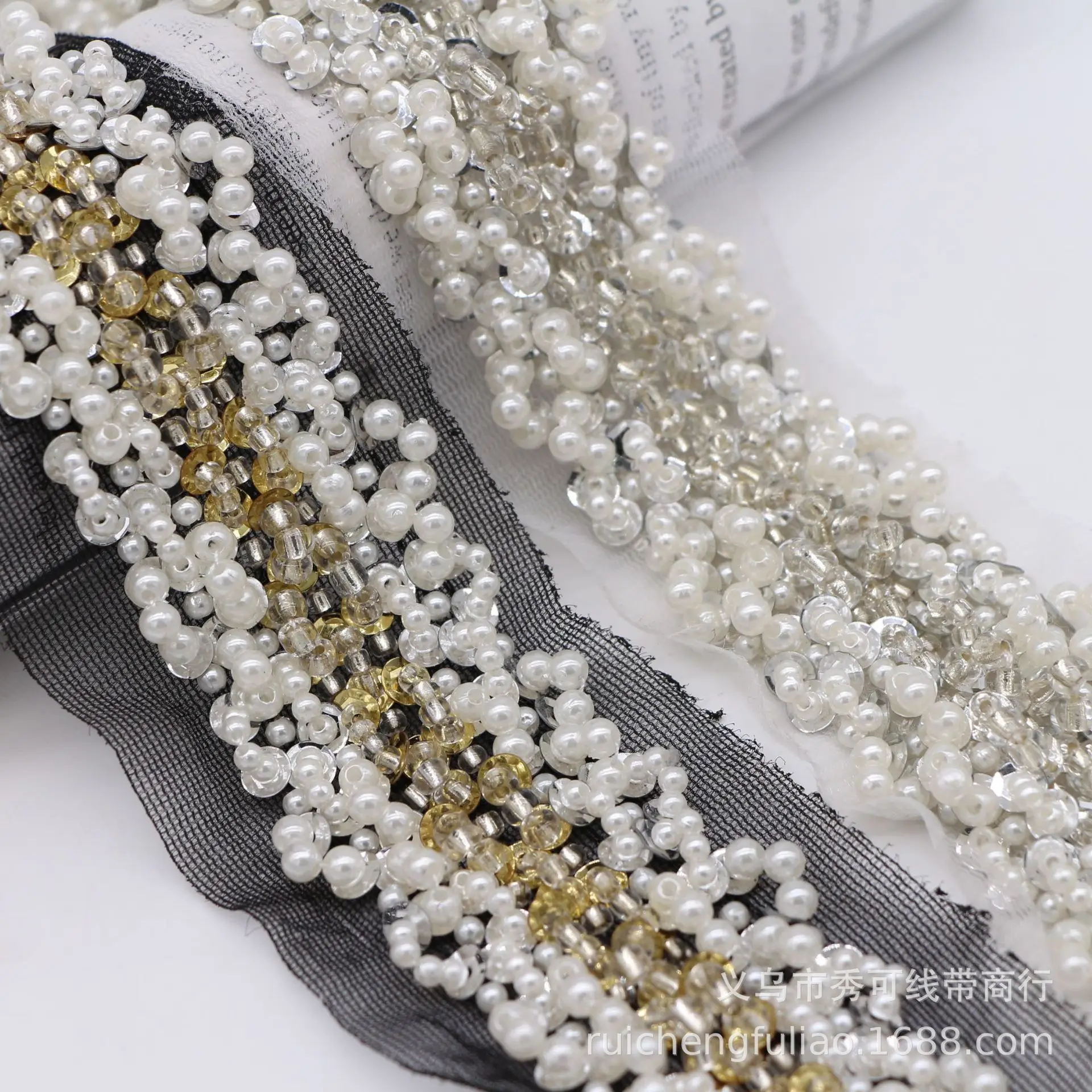 Gold and Silver Handmade Beaded Lace Trim Organza Pearl Embellished Edge DIY Clothing Hair Accessories Bridal Shoe