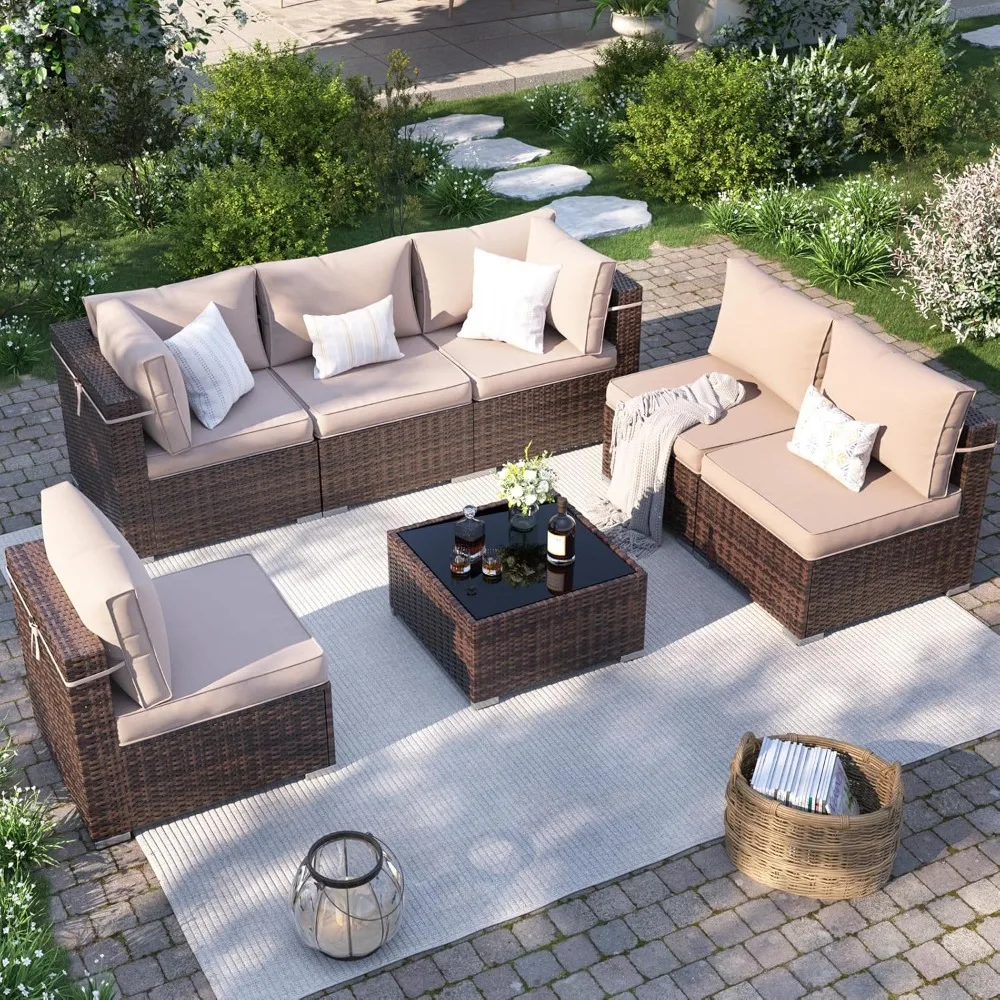 

7-Piece Outdoor Sectional with Free Cover, All-Weather Wicker Patio Conversation Sets for Backyard (Brown with Beige Cushion)