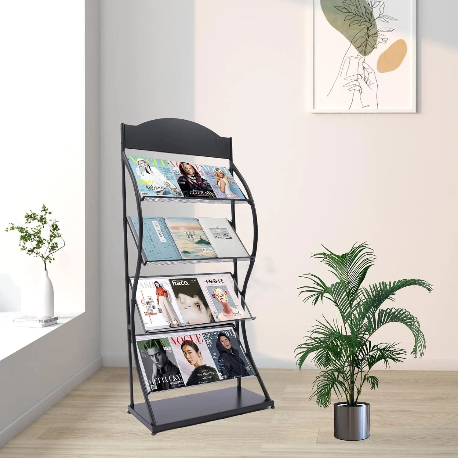 4 Tier Portable Black Metal Magazine Rack Stand, Floor-Standing Newspaper Storage Rack, Literature Holder Bookshelf