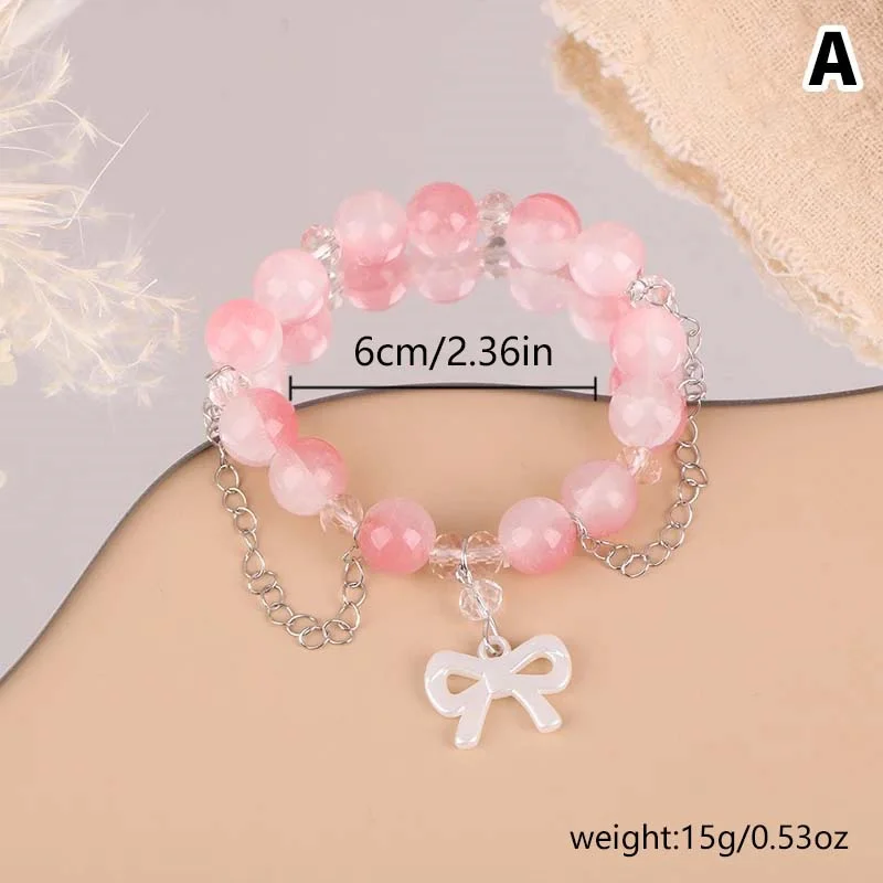 Sweet Pink Crystal Beads Bracelets for Women Girls Korean Fashion Bow Pendant Tassel Chain Bracelets Summer Jewelry Accessories