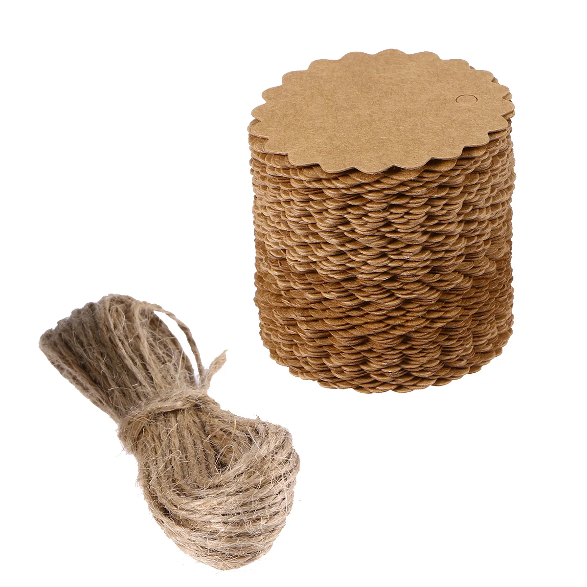 100pcs 60mm Round Scalloped Kraft Paper / Gift Tag / DIY Tag / Luggage Tag / Price Label with 10M Jute Twine (Brown)