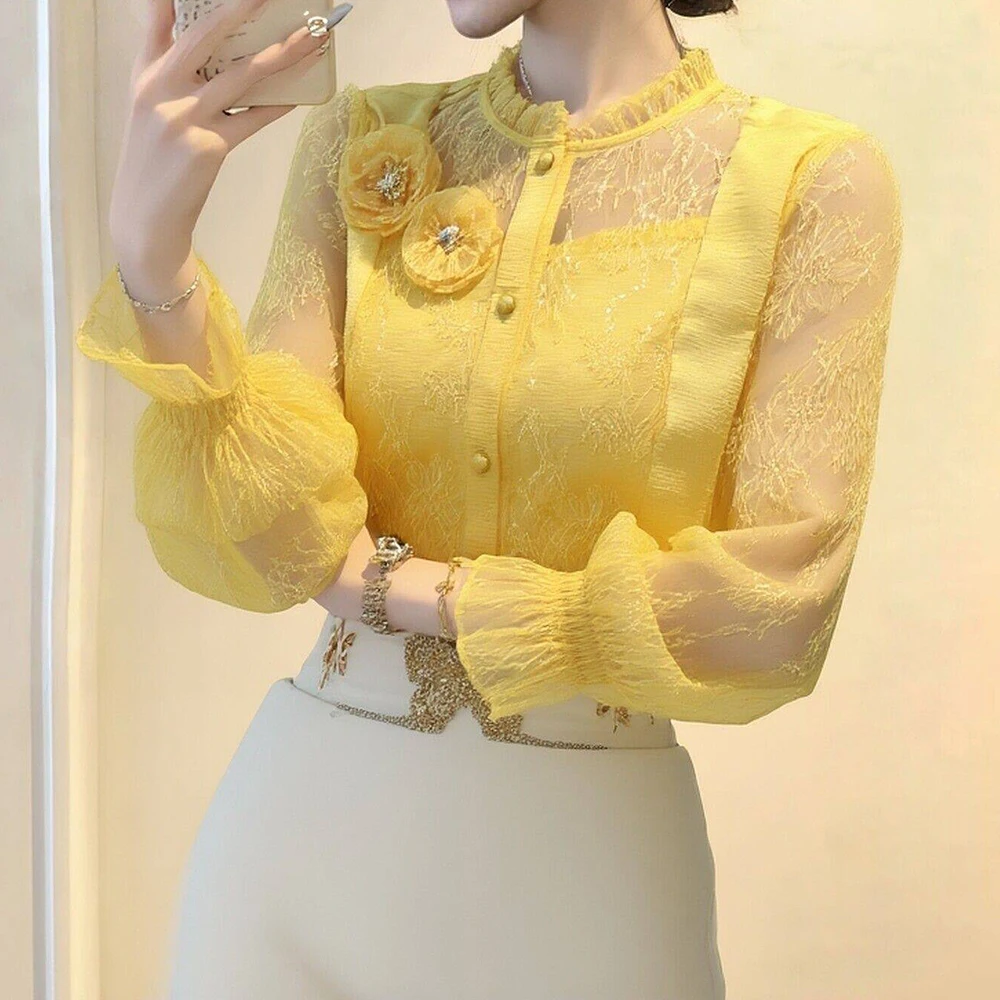 French three-dimensional flower chiffon shirt women's 2026 spring new high-end age-reducing yellow satin lace top