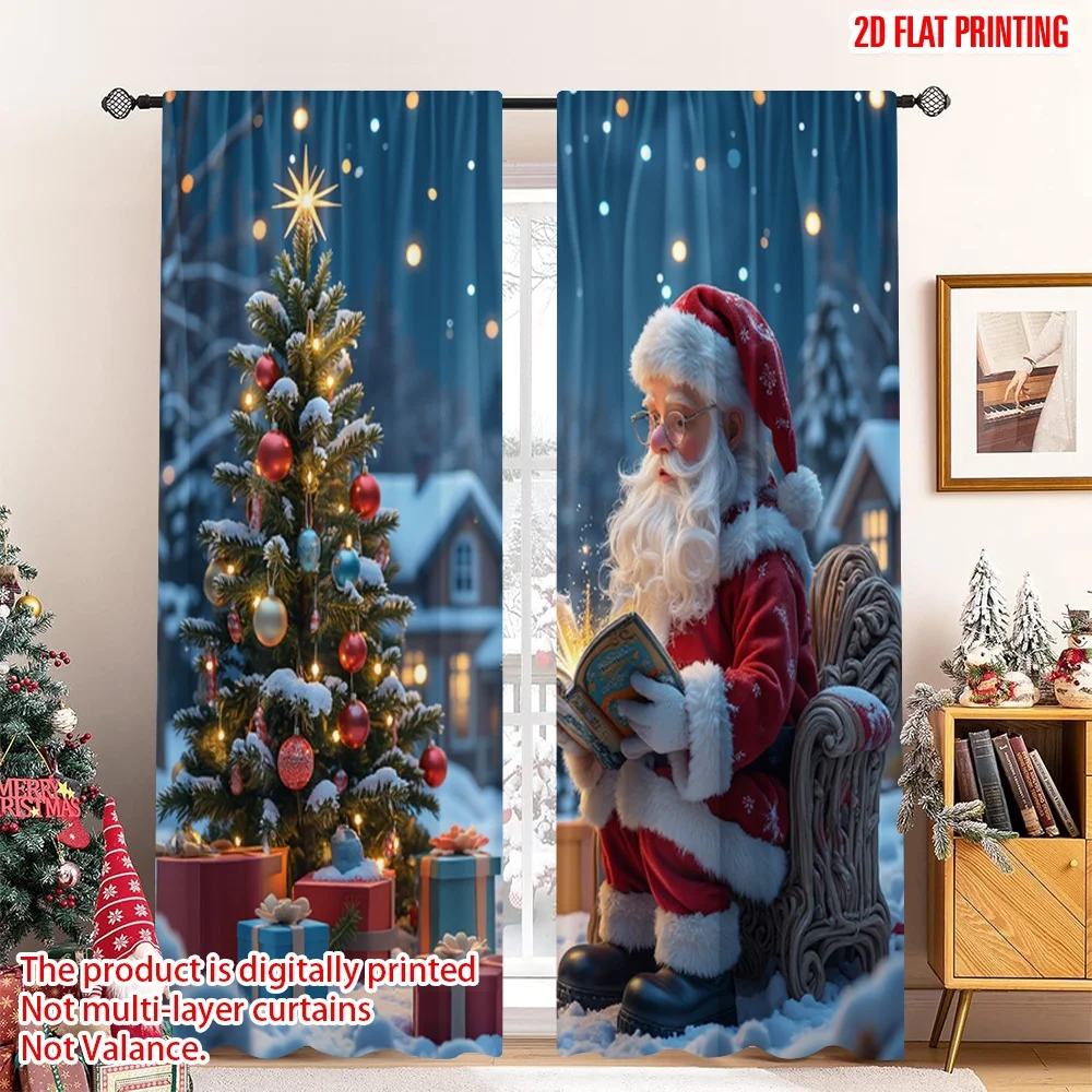 

2pcs 2D flat printing Merry Christmas Party Curtains Santa Claus Reading Book Winter Christmas 100% Polyester Without