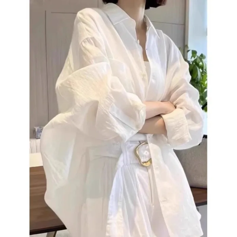 

Женская рубашка с длинным рукавом из ткани, имитирующей лен, для лета/осени, свободного кроя, на пуговицах, повседневная, солнцезащитная блузка