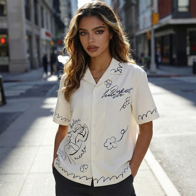 

Artistic Line Art Cuban Collar Shirt Men Women Unisex Short Sleeve Button Down Summer Streetwear Casual Sketch Print Loose Tops