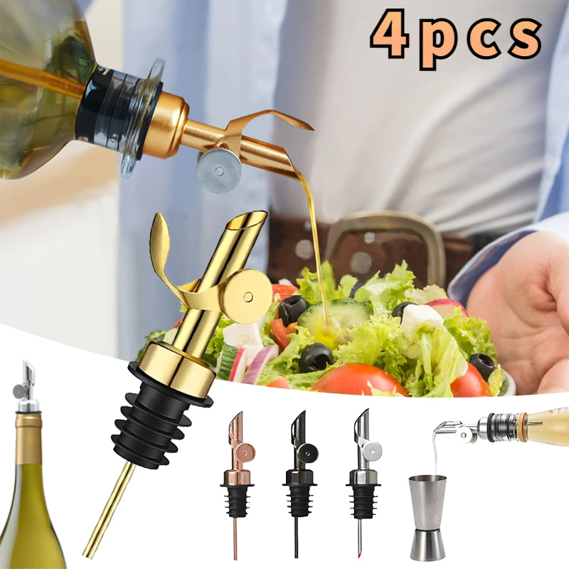 4PC Oil Bottle Stopper Cap DispenserStainless Steel Automatic Open Cap Pour Nozzle Sprayer   Leak-Proof  Wine Spout Kitchen Tool