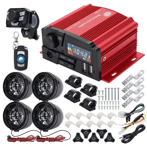 12V 4-Channel Motorcycle Bluetooth Audio Kit Anti-theft Alarm with LCD Display Function 4 Speakers Waterproof TF USB MP3 Radio