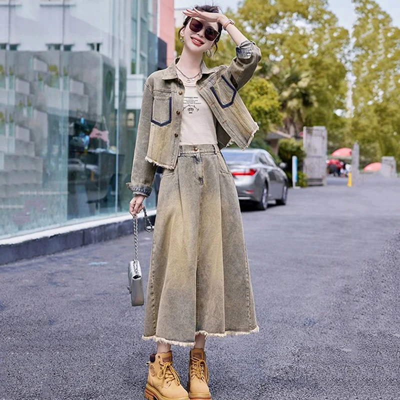 

New Women Spring Autumn Denim Skirt Set Fashion Vintage Loose Short Denim Jacket High Waist Split A-Line Skirt Two-pieces Sets