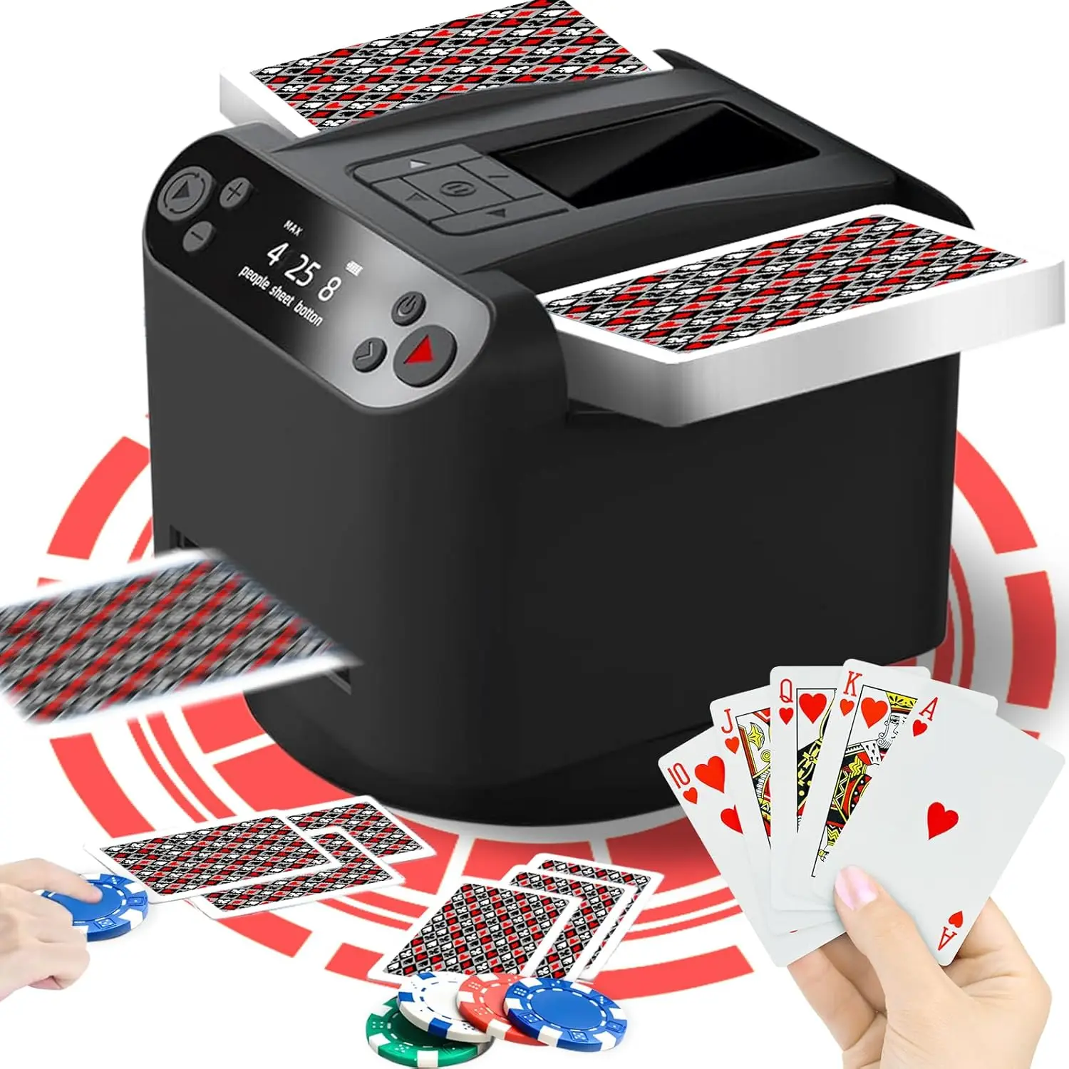 Card Shuffler and Dealer 2-in-1, 360° Rotating Quiet Shuffler with Wireless Remote, Rechargeable, Works with UNO, Poker, Texas H