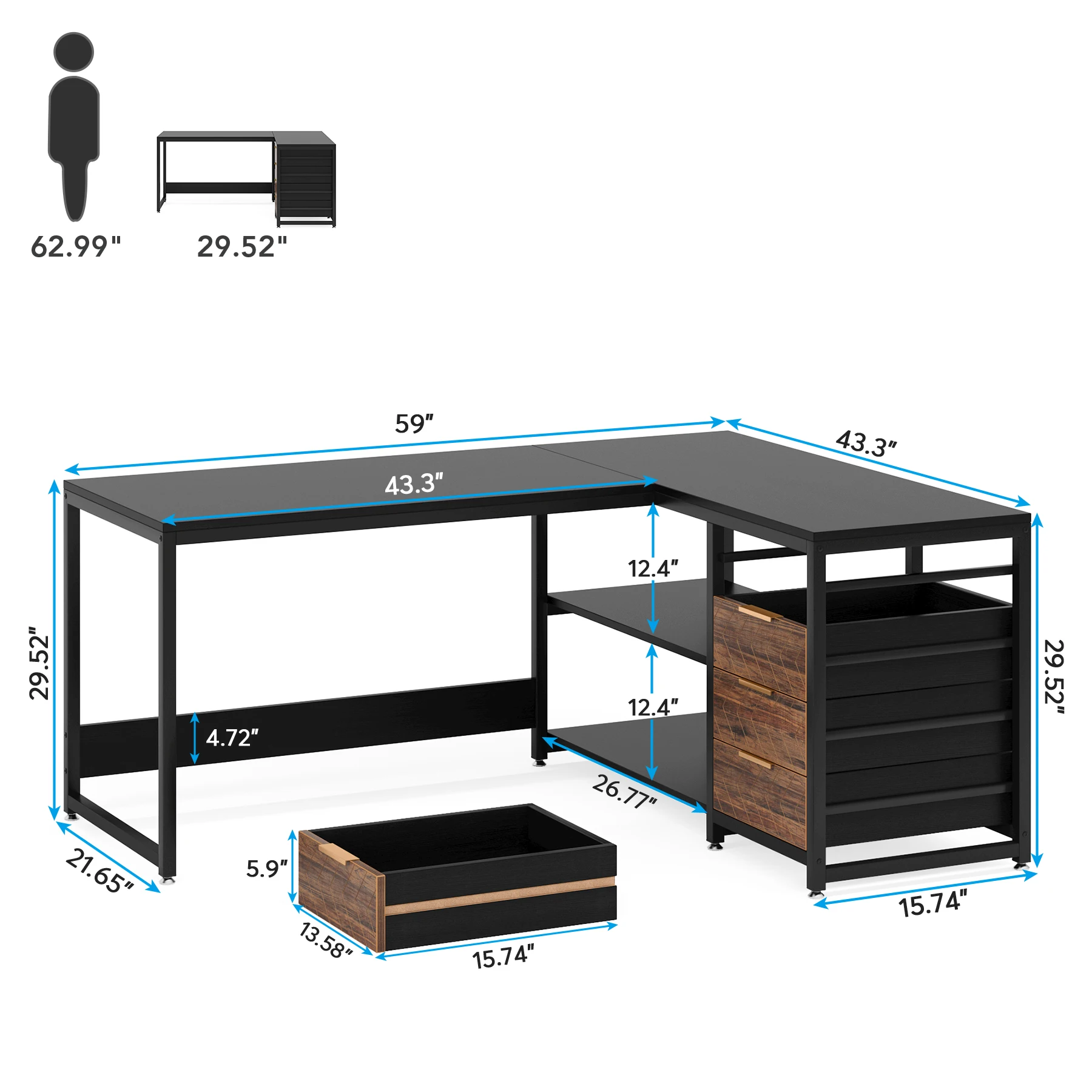 Tribesigns China Manufacturer Executive L Shape Wooden Furniture Black Computer Office Desk with Drawers and Shelves