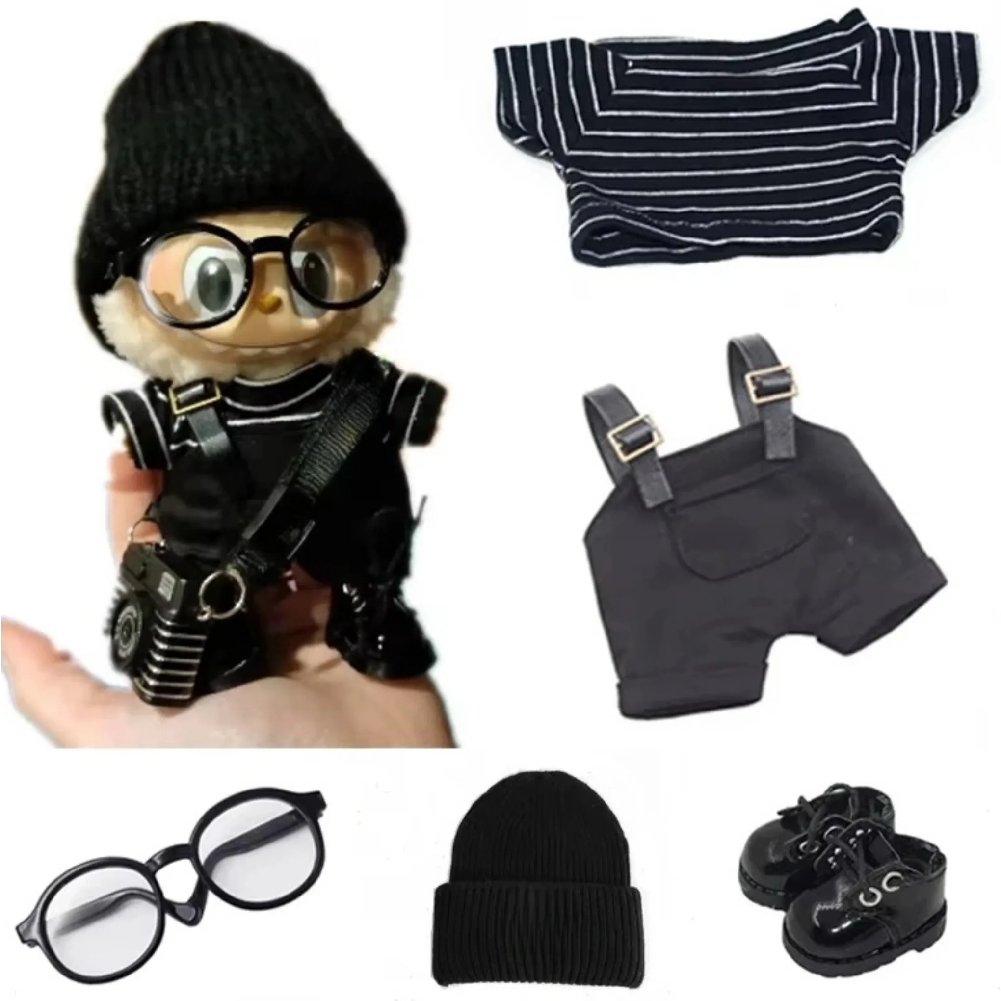 

Мини-кукольная одежда 17 см, аксессуары для Labubu V1 V2 V3, полосатый комбинезон, шапки, очки, обувь, крутая красивая одежда, подарок