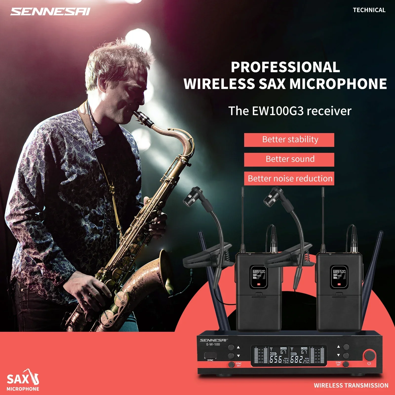 Top Quality！EW100-G3 Professional Wireless Instruments Saxophone Microphone 600-699MHz UHF Dual Channel，Brass Percussion Mic