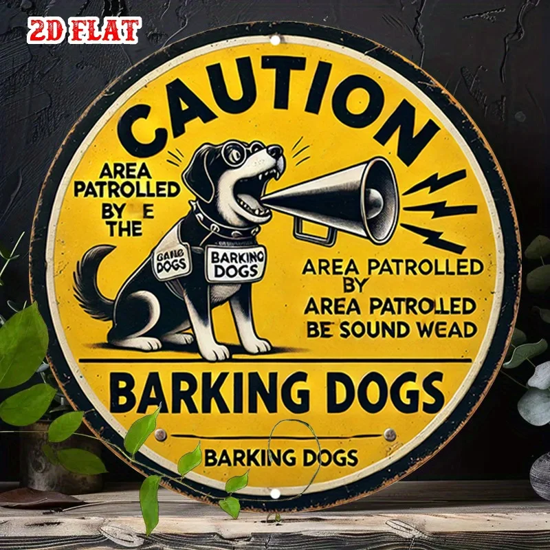2D-Flach-Aluminiumschild in Gelb, 2D-Flachdesign, mit einer Warnhinweisung über bellende Hunde. Diese rustikale Wanddekoration aus Metall