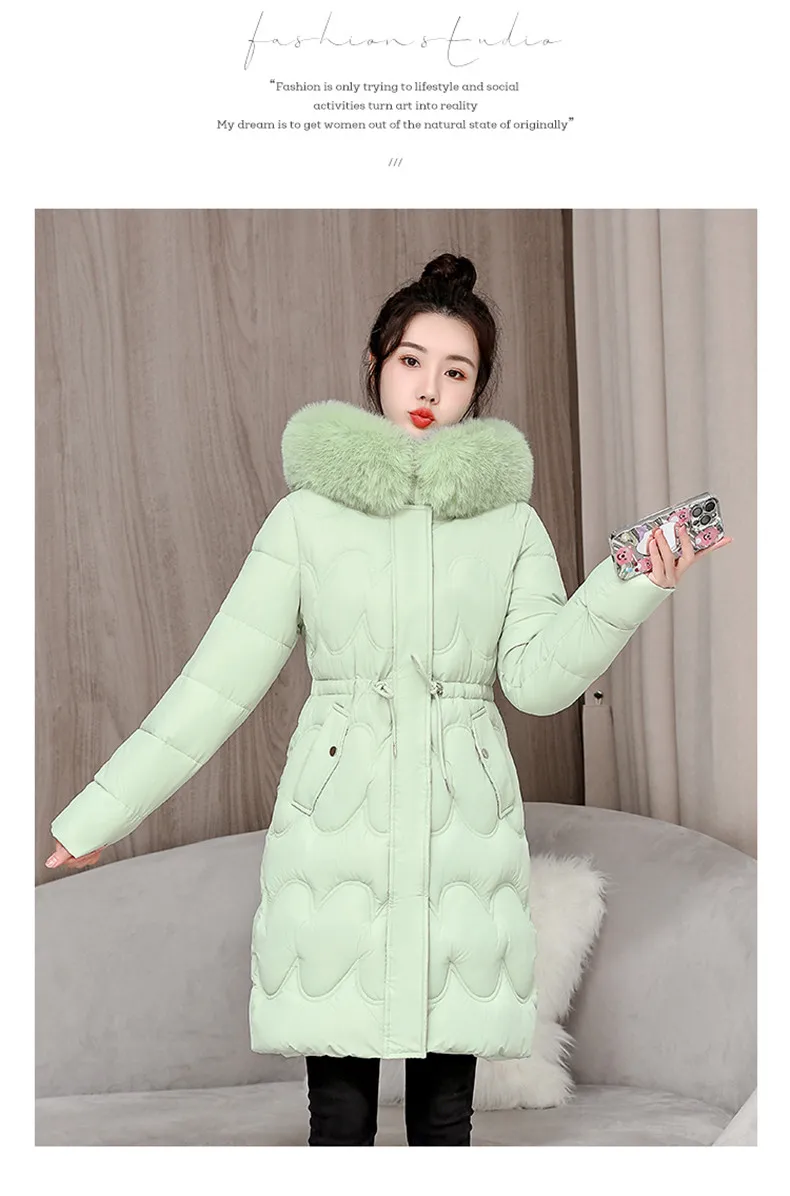 2026 Winter New Fur Collar Puffer Down Parka Loose Long Hooded Warmer Thicken Snow Jacket Pocket Zipper Outerwear Female
