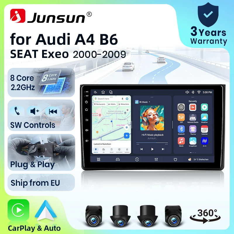 Autoradio Junsun 8 cœurs 4G WiFi pour Audi A4 B6 2000 2001 2002 2003 - 2009, écran IPS, CarPlay, Android Auto, GPS, Navi, stéréo, SWC, BT, FM, AM, RDS, DSP, 2Din, Mirror Link, lecteur multimédia, commande vocale AI, caméra 360, mise à jour OTA en option, unité principale