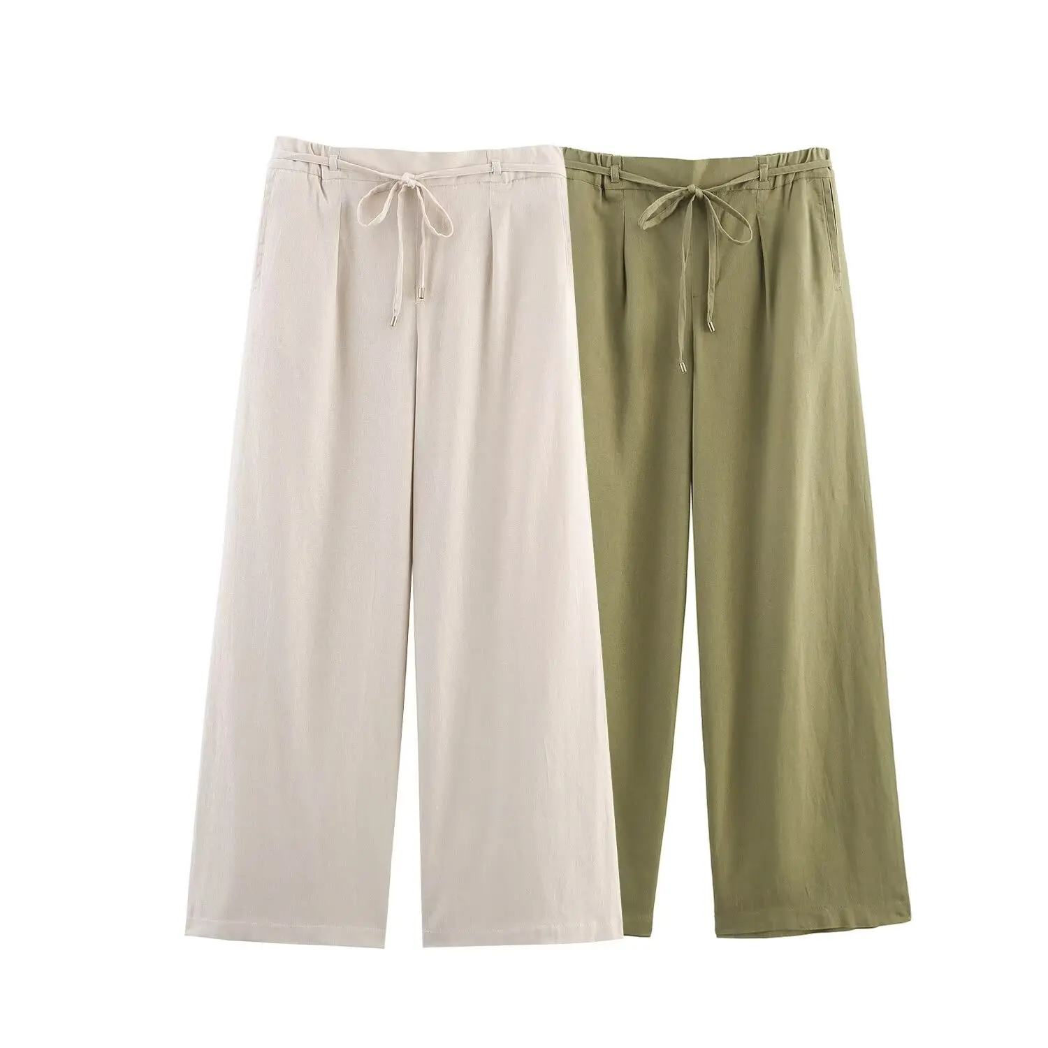 

BM&MD&ZA Womens Loose Casual Simple Stylish Linen Wide Leg Trousers with Drawstring Waist Decoration