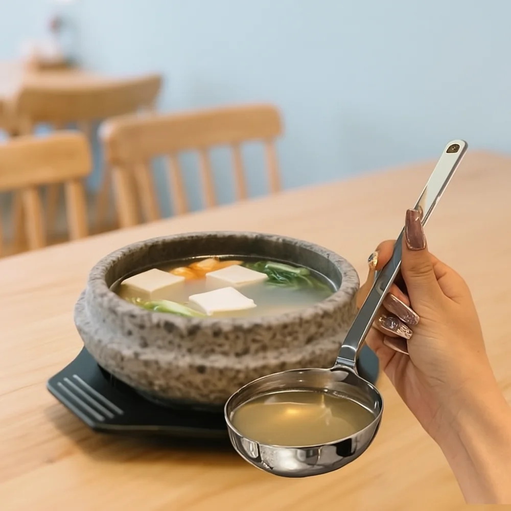 

Practical Stainless Steel Soup Spoon Deepened Long Handle Hot Pot Scoop Rust-proof Flat Bottom Slotted Spoon Restaurant